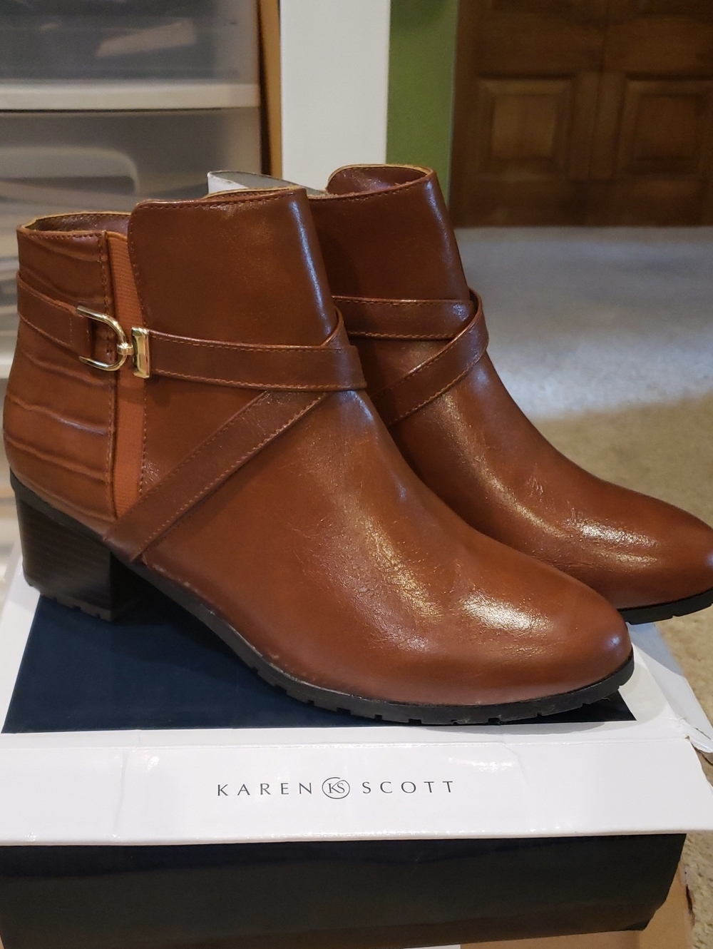 Karen Scott Tan Brown Faux Leather Ankle Booties with Buckle Accent